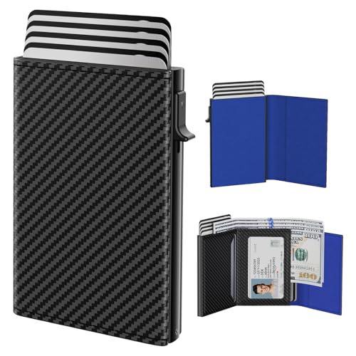 Image of typecase Mens Wallet Card Holder: Pop Up Aluminum Case, Genuine Leather, Smart, RFID Blocking, Slim, Minimalist, Front Pocket - 9-14 Card Capacity | ID Window | Cash Slot (Carbon Fiber Navy)
