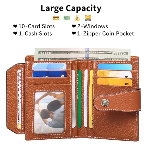 Image of Falan Mule Women's Wallet, Genuine Leather, RFID Protected, Caramel Color, 10 Slots, 2 Windows, Zipper Closure, 2 Compartments