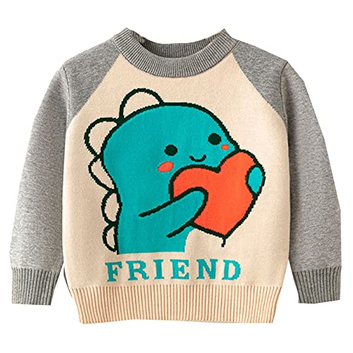 Toddler Boys Girls Cartoon Love Little Dinosaur Print Sweater Long Sleeve Warm Knitted Pullover Knitwear Tops Sweater Boys Sweaters 5t (Khaki, 6-7 Years)