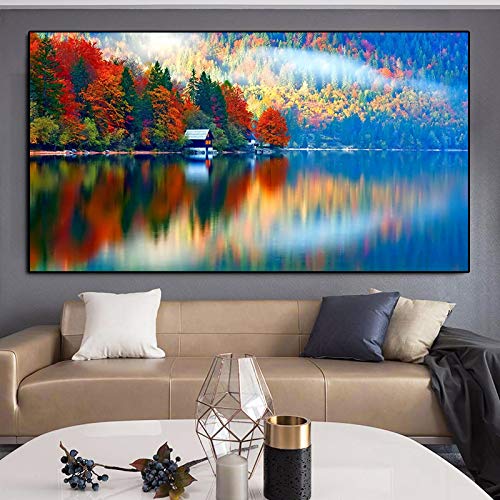 Lienzo de paisaje de bosque rojo 70x140 cm cuadro grande de naturaleza para salon sin marco