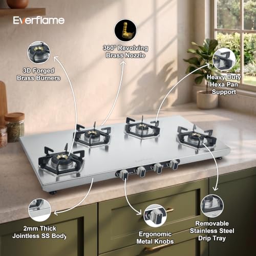 Image of Everflame Hexon Long 4 Burner Stainless Steel Gas Stove | 2mm Thick Jointless SS Body | 3D Forged Brass Burner | ISI Certified | Manual Ignition | 2 Years Manufacturer Warranty