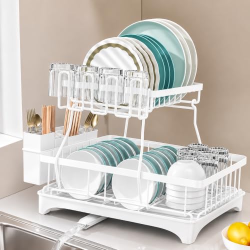 Image of HomeCloud 2-Tier Kitchen Dish Drying Rack & Drainer | Large Capacity Dish Stand with 360 Flexible Drainage System, Removable Drip Tray, Cutlery Holder & Cup Organizer for Countertop (White)