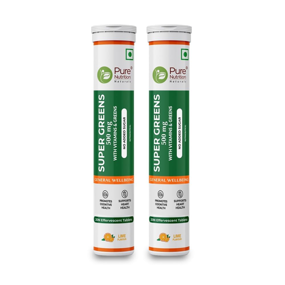 Pure Nutrition Super Greens Effervescent Tablets | 40 Tabs (20x2) | 14+ Superfoods with Moringa, Spirulina & B Vitamins | Immunity, Detox & Energy Boost | Refreshing Taste, Antioxidant-Rich Formula for Overall Wellness