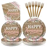 96Pcs Happy Anniversary Party Decorations Rustic Pink Floral Happy Anniversary Plates and Napkins Wooden Cheers to Marriage Decoration for 40th 50th Wedding Commemoration Day Party Supplies Serves 24