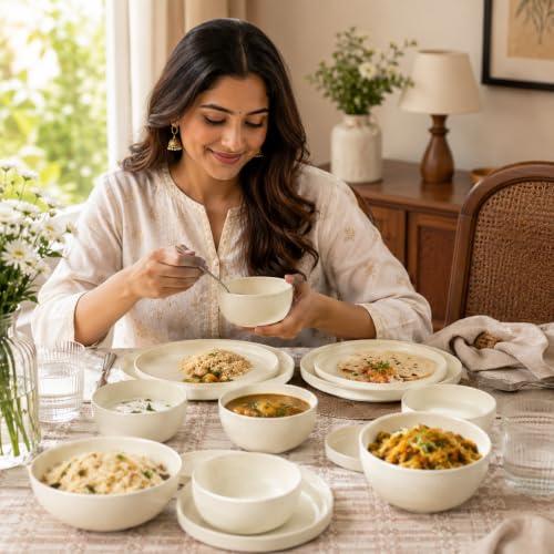 Image of MARKET 99 Heavy-Duty Matte Minto Cream Sparkle Melamine Dinner Set - 20 Pcs | Full Plates, Side Plates, Soup Bowls & Serving Bowls | Durable Everyday Tableware for Kitchen, Dining & Home Use