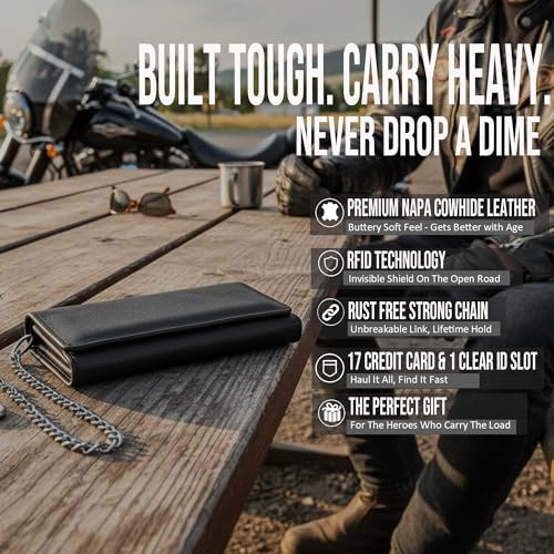 Image of Jackets 4 Bikes HERITAGE Men's Motorcycle Chain Wallet - Premium Cowhide Leather RFID Tri-Fold Biker Wallet with Heavy Duty Chain, Long Credit Card & Cash Organizer for Truckers Hunters AllBlack