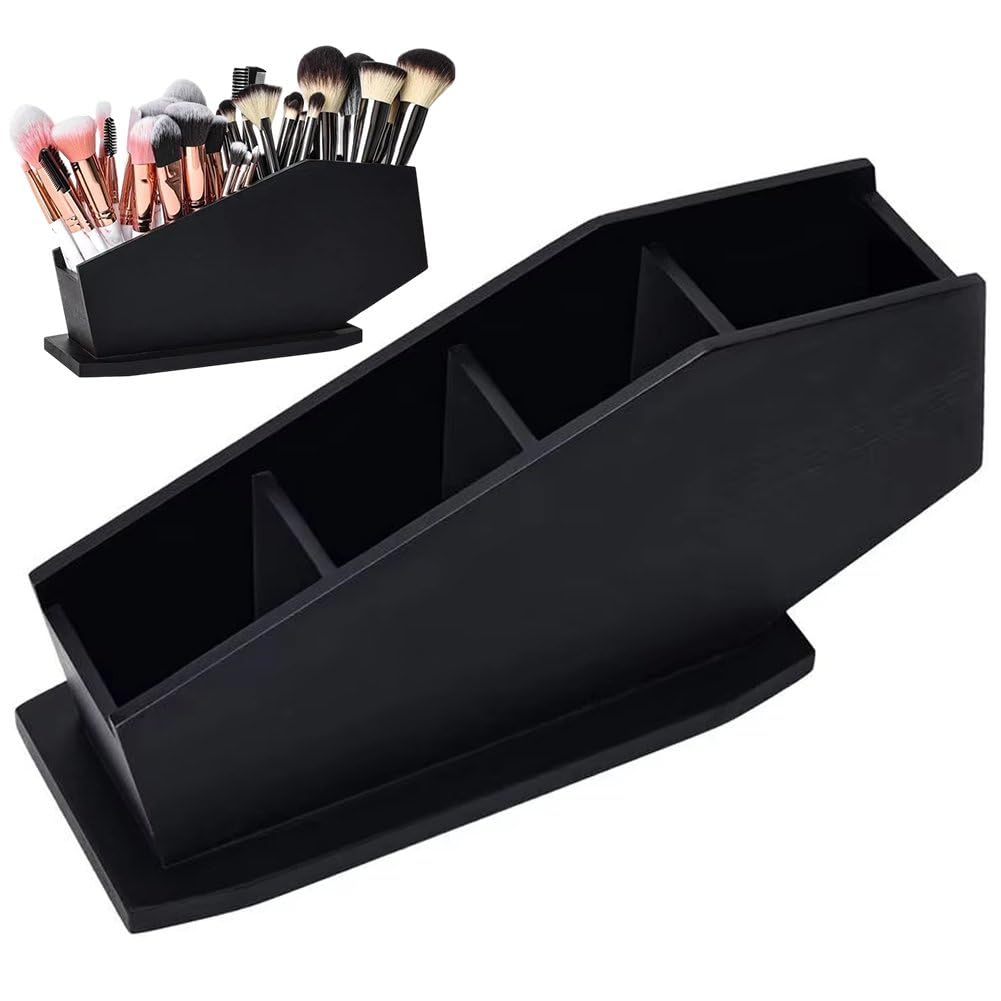 Baokuan Brush Holder Coffin Makeup Brush Holder Gothic Desk Organizer Black Boxes for Desk Spooky Home Office Desk Organizer-vanity Organizer and Desk Storage-4 Compartments