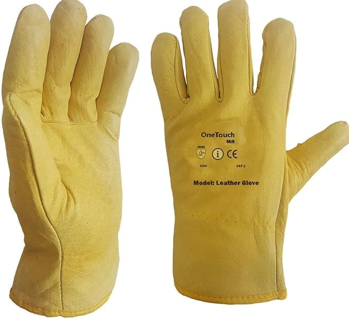 A406 5 Pairs Leather Gloves Yellow Driver Gloves for lorry drivers Soft Leather gloves Extra Soft With Fleece Lining (Large-9)