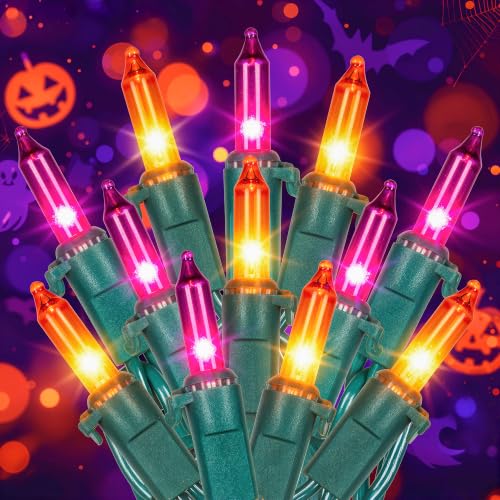 Hopolon Purple and Orange Halloween Lights,2PACK Total 100Count,Green Wire - image 1