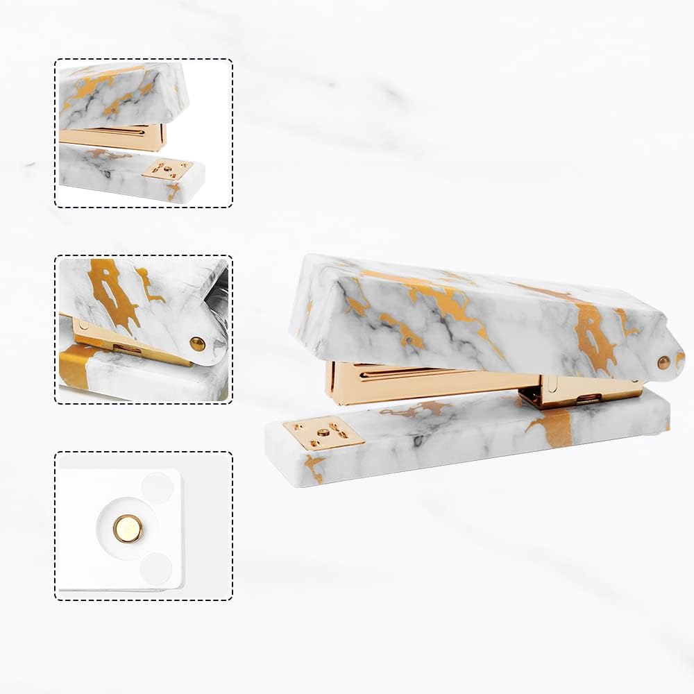 Marble Gold Line Print Gold Stapler Staples Remover Tape Dispenser Holder Set Office Desk Executive Manual Stationery Gift Kit for Desktop Accessories Supplies