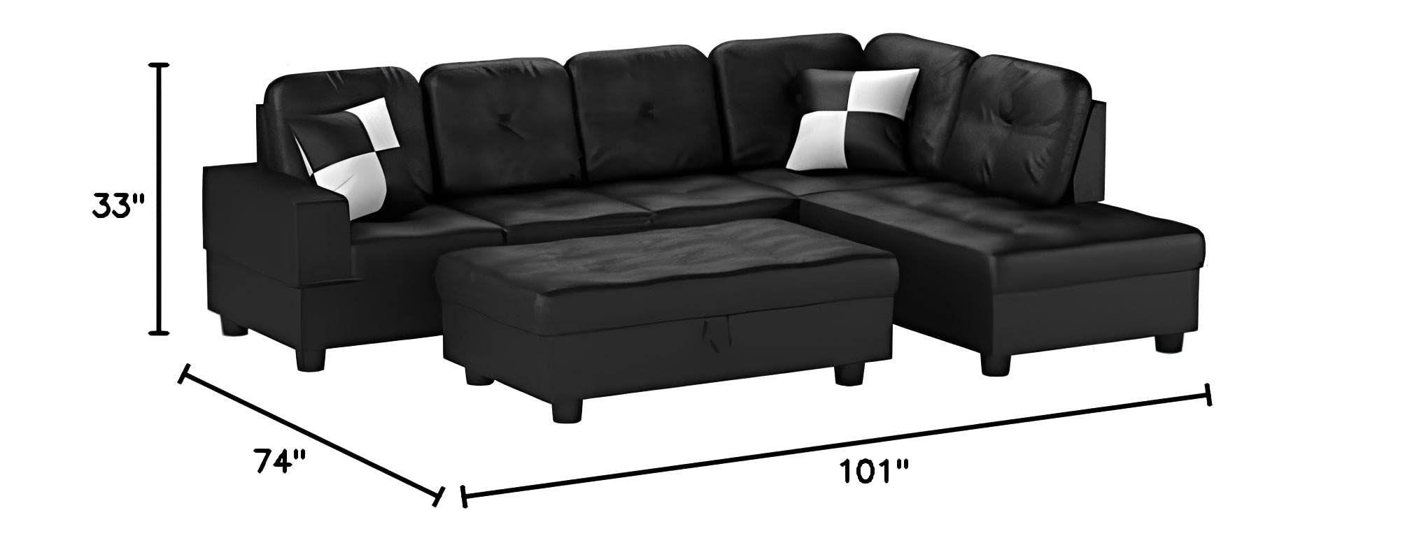 Beverly Fine Furniture Right Facing Russes Sectional Sofa Set With Ottoman, Black ( incomplete right arm chaise only )