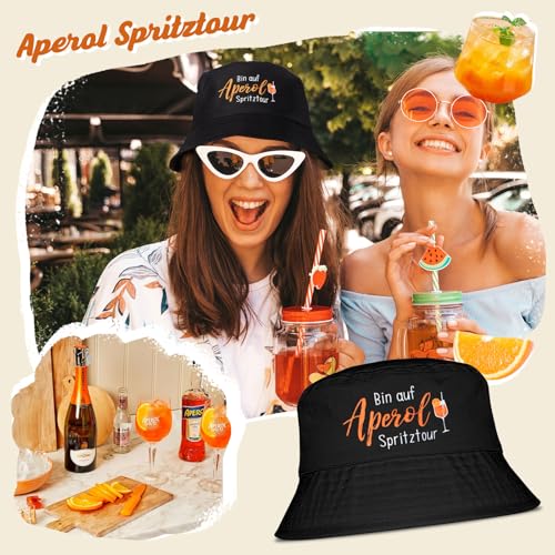 MEJOSER Aperol Geschenk Fischerhut Schwarz Sommerhut Spritztour Hut Aperoli Accessoires Anglerhut für Damen Herren Sommer Fasching Party