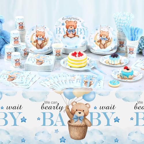 Image of Funnymoom 452 Pcs 50 Guests We Can Bearly Wait Baby Shower Decorations Boy, Blue Baby Boy Shower Paper Plates Napkins Cups Tablecloth Cutlery Straws Tableware Set for Gender Reveal Party Supplies