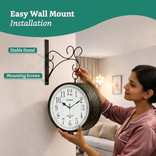 Image of Amazon Brand - Solimo Double Sided Vintage Station Wall Clock, One Side Roman and Other Side Numeral dial (10 Inches, Black)