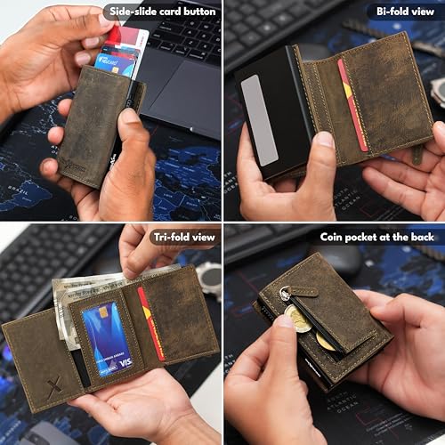 Image of The X Project Vaulton Trifold Wallet | Genuine Leather | Aluminium Cardholder | Side Slide Pop-Up Card Ejector | Carry Up to 6 Cards and 1 Slot for Carrying Cash & Folded Bills (Greenish Brown)