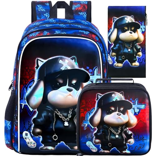 Image of CCJPX 16 inch Kids Backpack for Boys, 3PCS Dog Water Resistant Preschool Bookbags with Lunch Box, Cool School Bag for Toddler Kids