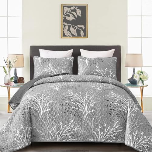 DJY Grey Quilt Set Queen Size - Branch Botanical Bedspread Coverlet Set