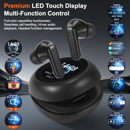 Image of Wireless Earbuds, ANC /ENC Noise Cancelling Earbuds with Touch Screen, Bluetooth 5.4 Ear Buds with LED Charging Case, 40H Stereo Sound, IPX7 Waterproof Earphones with 6 EQ Modes for iOS Android (Black)