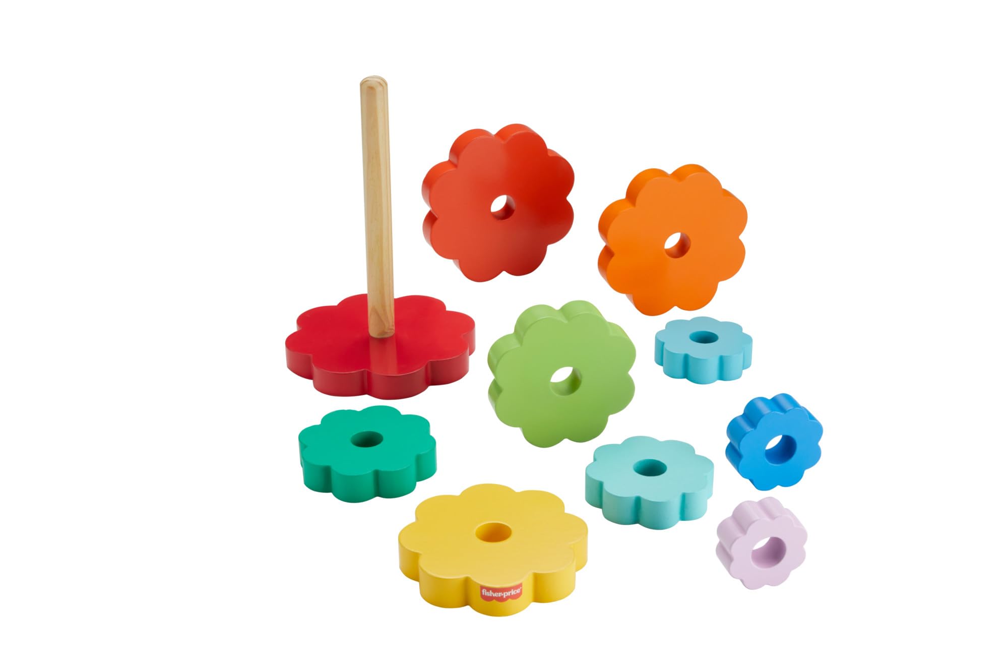 Fisher-Price Drewniana piramidka Kolorowe kwiatki Zestaw z 10 elementami do zabawy w układanie Zabawka drewniana dla dzieci od 18 miesiąca życia, HXT77