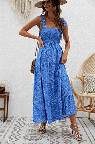 Image of kinstell Women's Summer Boho Spaghetti Strap Square Neck Ruffle Casual Flowy Long Dress Beach Swing Party Maxi Dress
