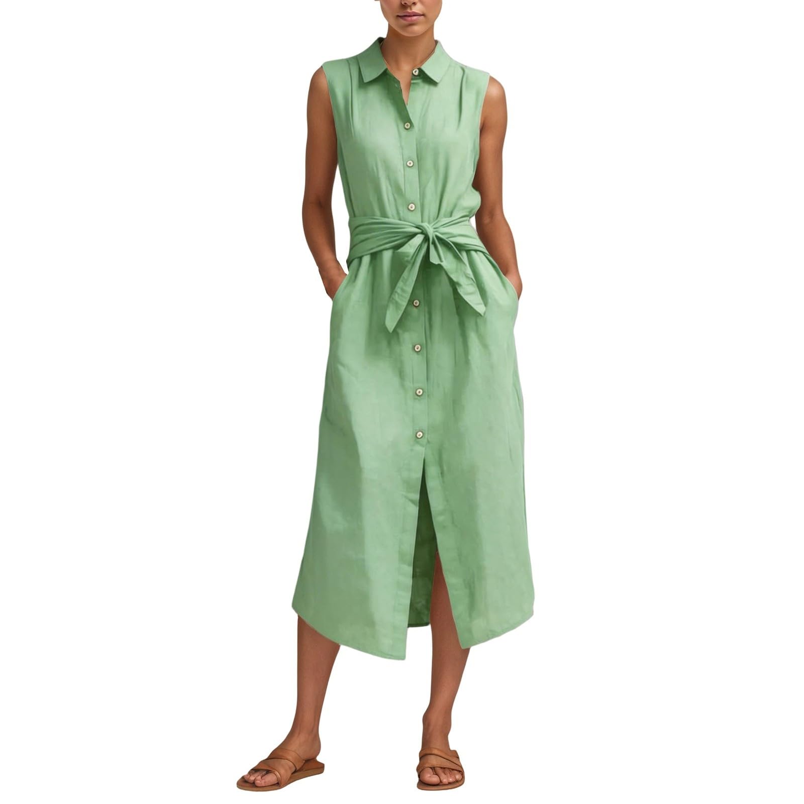 Cexiakong Summer Dress Women's Muslin Dress Linen Dresses Button Down Linen Dress Knee-Length Casual Beach Dress Sleeveless Summer Dresses Summer Shirt Dresses Casual Dress with Pockets, O Green, S