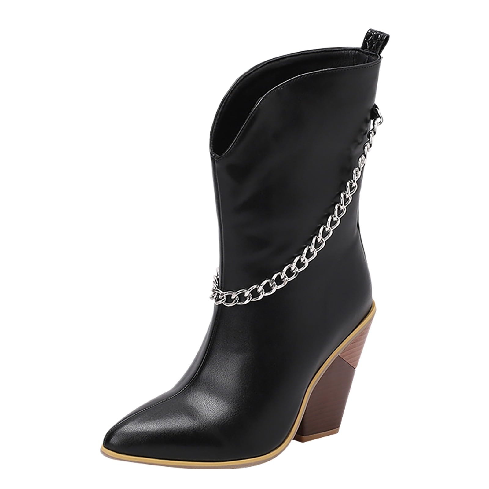 Womens Cowboy Mid Calf Boots V Cut Pointed Toe Stacked High Heels Booties Fall Winter Dress Shoes with