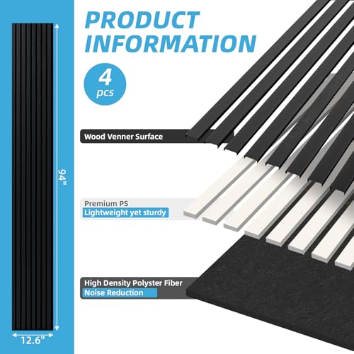 Image of Art3d 94 x 12.6 in, Acoustic Lightweight Slat Wood Wall Panels, Matte Black