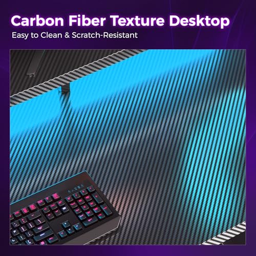 Image of AODK 48 Inch Gaming Desk with LED Lights, Computer Desk with Storage Shelves, Reversible Desk with Monitor Stand, Carbon Fiber Black