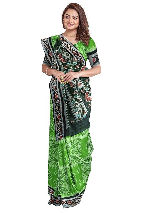 Image of Ikat Women's Cotton Saree, Handmade Pure Cotton Khandua Saree, Ikkat Orissa Traditional Handloom Saree without Blouse