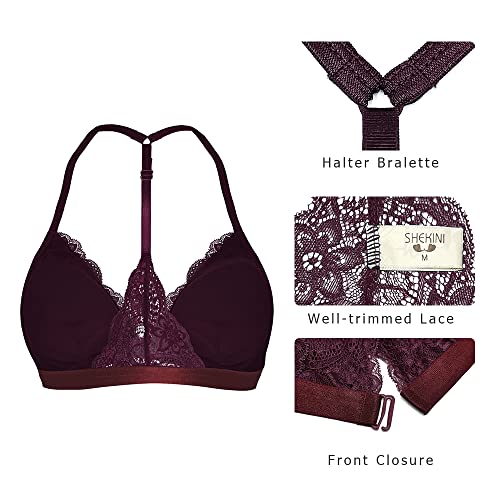 Image of SHEKINI Women's Lace Bra Wireless Padded Triangle Bralettes for Women Front Closure Halter Bras for Women