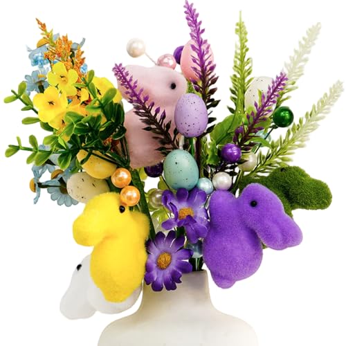 Fangoo Lot de 5 pics d'œufs de Pâques artificiels avec fleurs de lapin, 30 cm, tiges de fleurs printanières pour arrangements de vases, décorations de...