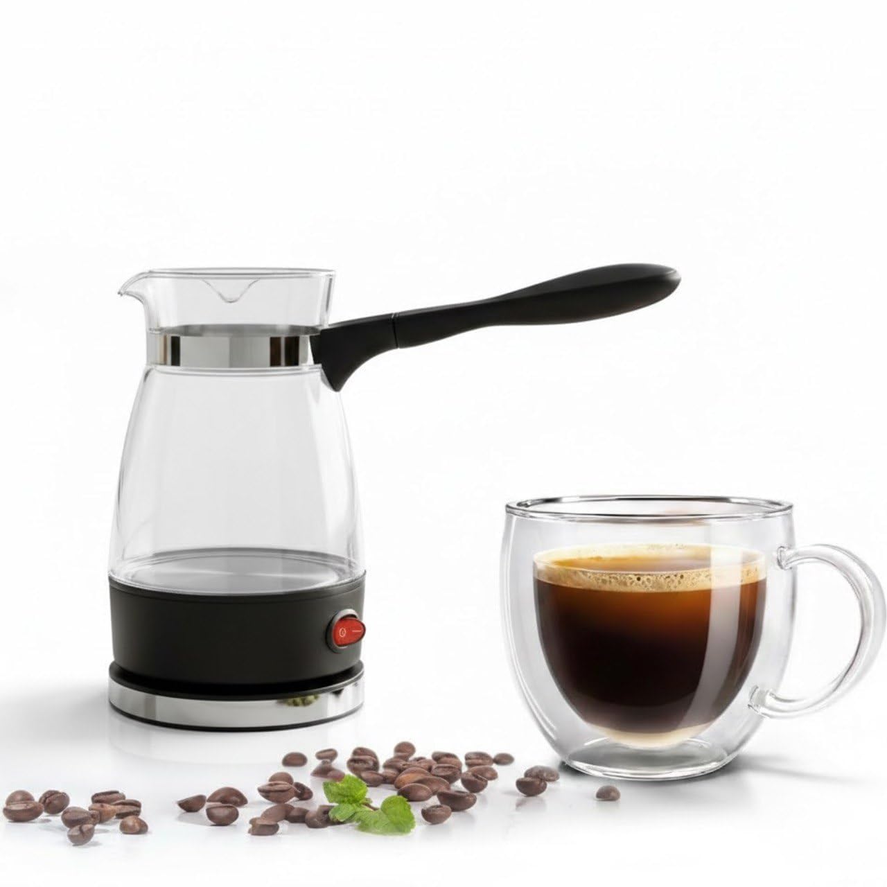 compact electric water kettle with glass body and stainless steel base, 600w tea boiler for travel and desk use