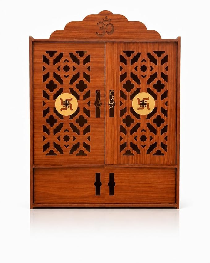 Wooden Home Temple for Home | Wall Mount MDF Pooja Mandir with LED Light | Doors | Wall Hanging Wooden Temple with Storage Cabinet | 51 x 37 x 27 cm-image-13