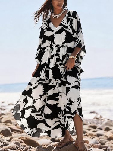 Image of Moss Rose Kaftan Dresses for Women V Neck Summer Swimsuit Cover up Caftan Maxi Beach Dresses