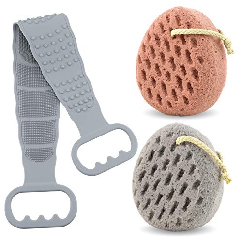Bath Sponge, Sponge Loofah Body Scrubber & Silicone Back Scrubber (Grey) Bundle