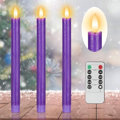 Image of Purple Flameless Taper Candles with Remote, 3 Pack Flickering LED Candlesticks, Real Wax Battery Operated Christmas Window Candles for Winter Home Holiday Decoration