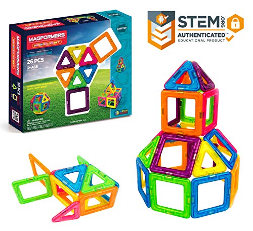 Magformers Neon 26 Pieces Rainbow neon Colors, Educational Magnetic Geometric Shapes Tiles Building