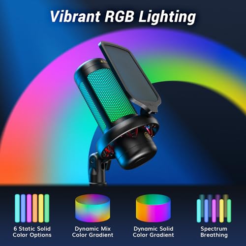 TONOR Gaming USB-Microfoon met Instelbare RGB-Modi en Helderheid, Condensator PC Mic met Microfoonarm voor Streaming Podcast Opnemen Studio Compatiple met Computer/Laptop TC310 + - Afbeelding 5