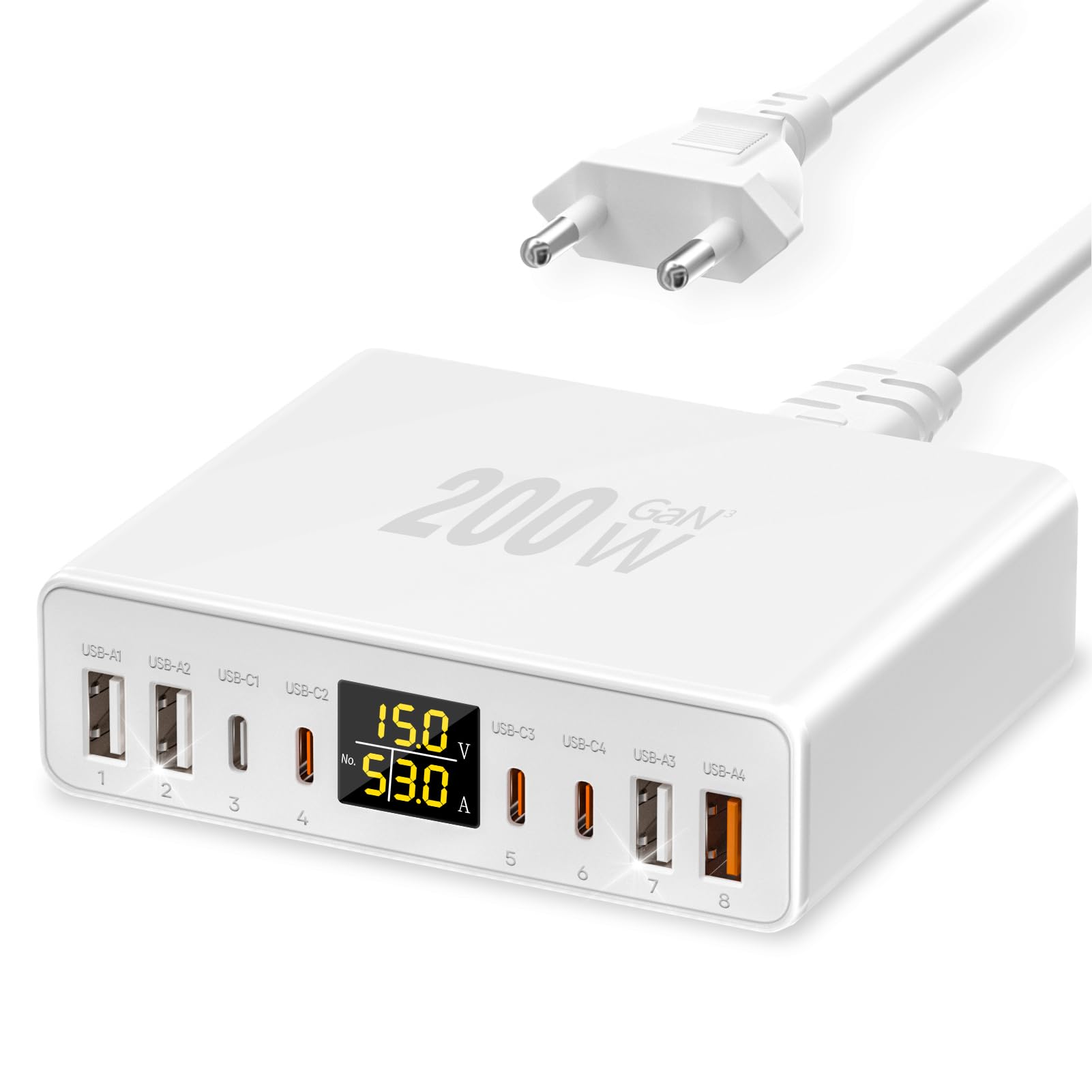 Caricatore USB C Multiplo 8 Porte con Schermo LED, YSYFAD 200W Stazione di Ricarica GAN Fast PD PPS Caricatore Type C 45W QC USBA caricabatterie per iPhone iPad Macbook laptop Samsung, Bianco