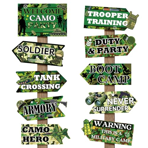 Image of Hooqict 20 Pieces Camo Party Signs Army Birthday Party Decorations Camouflage Military Birthday Party Supplies for Boys Men Army Themed Directional Sign