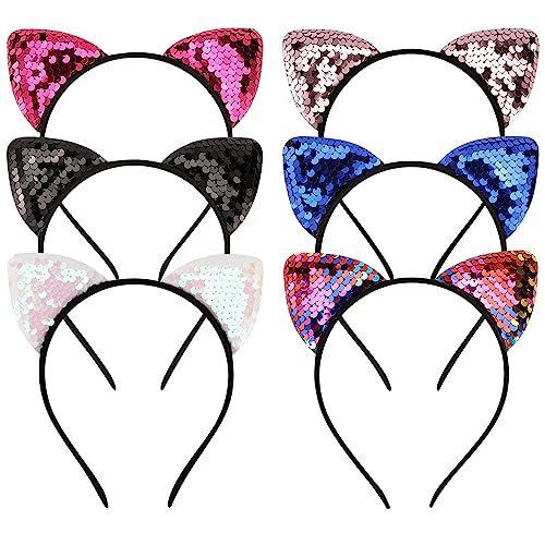 FASOTY Cat Ears Headband Reversible Sequins Sparkly Cat Ear Headbands Girls Women, 6 PCS