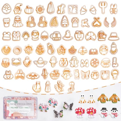 70 Pcs Fall & Winter Polymer Clay Cutters Set Halloween Thanksgiving & Christmas Clay Cutters for Polymer Clay Jewelry Pumpkin Turkey Snowflake Shapes for Earrings (YANSH PROGLOBAL)