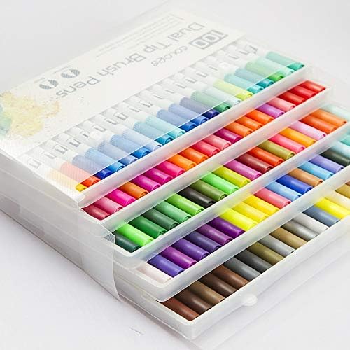 Art Markers Dual Tips Coloring Brush Fineliner Color Pens, 100 Colors of Water Based Marker for Calligraphy Drawing Sketching Coloring Book Bullet Journal Art Projects Supplies
