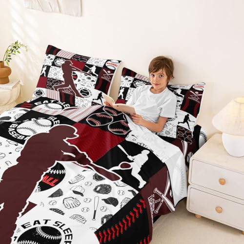 Image of Castle Fairy Patchwork Baseball Fitted Sheet King Size with 2 Pillowcases,Sports Geometric Grid Red Bed Sheet Set,Baseball Player Top Flat Sheet Luxury Microfiber Breathable