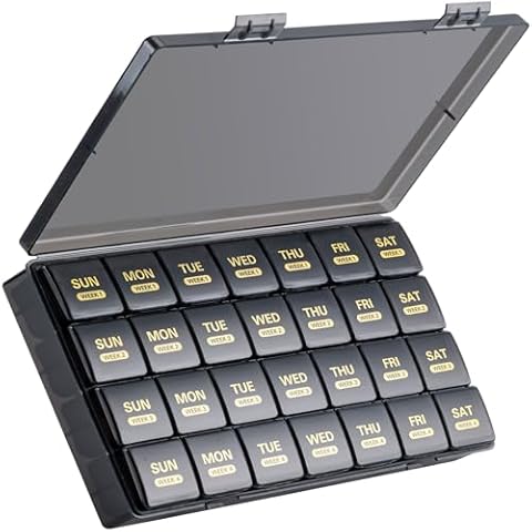 Monthly Pill Organizer, 28 Day Pill Box 1 Time a Day with Dust-Proof Case, Large 4 Weeks a Month Pill Case Container, Daily Vitamin Case Box for Pills/Medicine/Fish Oil/Supplements（Black） Cover