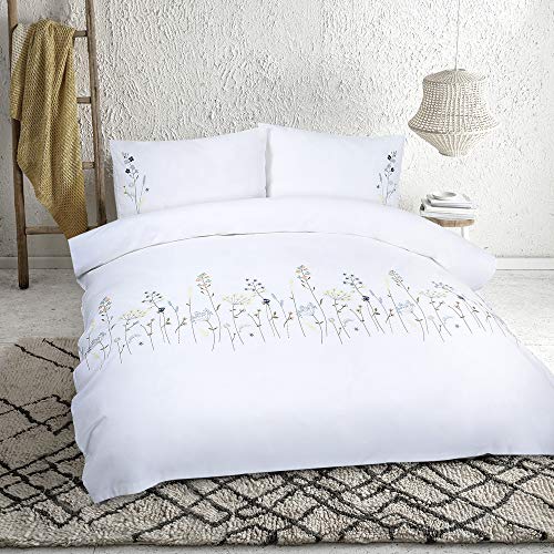 YINFUNG Bedding Double Bed Set Floral Bedding White Cotton Duvet Cover Sets Embroidered Soft Luxury Breathable Quilt Cover with 2 Pillowcases (White - Image 2