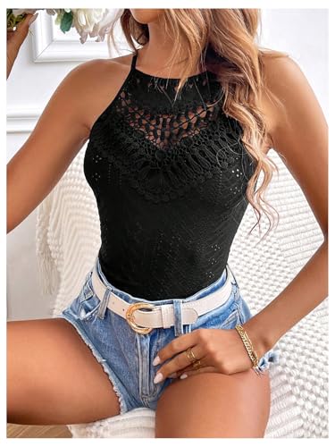 SweatyRocks Women's Eyelet Halter Top Lace Sleeveless Slim Fitted Embroidery Tank Top4