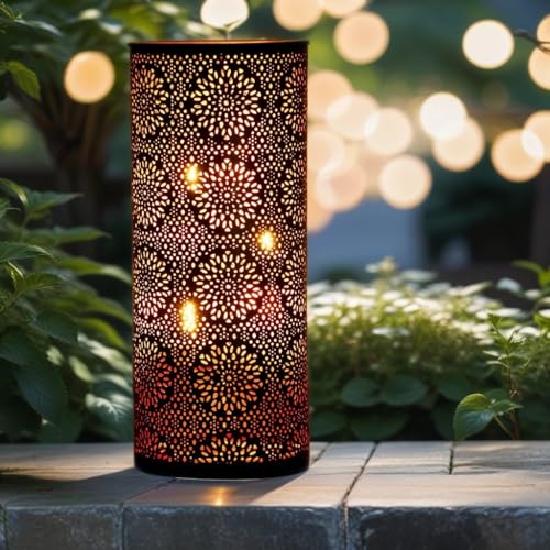Farol portavelas Oriental de Metal - Candelabro para el jardín - Decorativo para la Mesa - Amelle Blanco - transmite Buen Ambiente - Pasa un Buen rato en el jardín (Negro | Cobrizo)