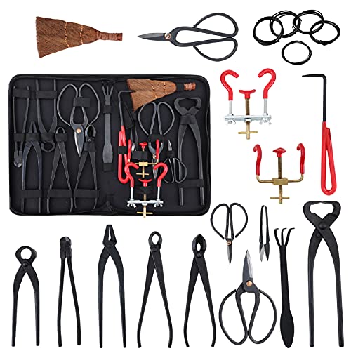 POWERENG Bonsai Tools Set 20 Pcs,Pruning Shears, Carbon Steel Bonsai Scissors Set,Perfect Bonsai Starter Kit Gardening Trimming Tools with PU Leather Bag