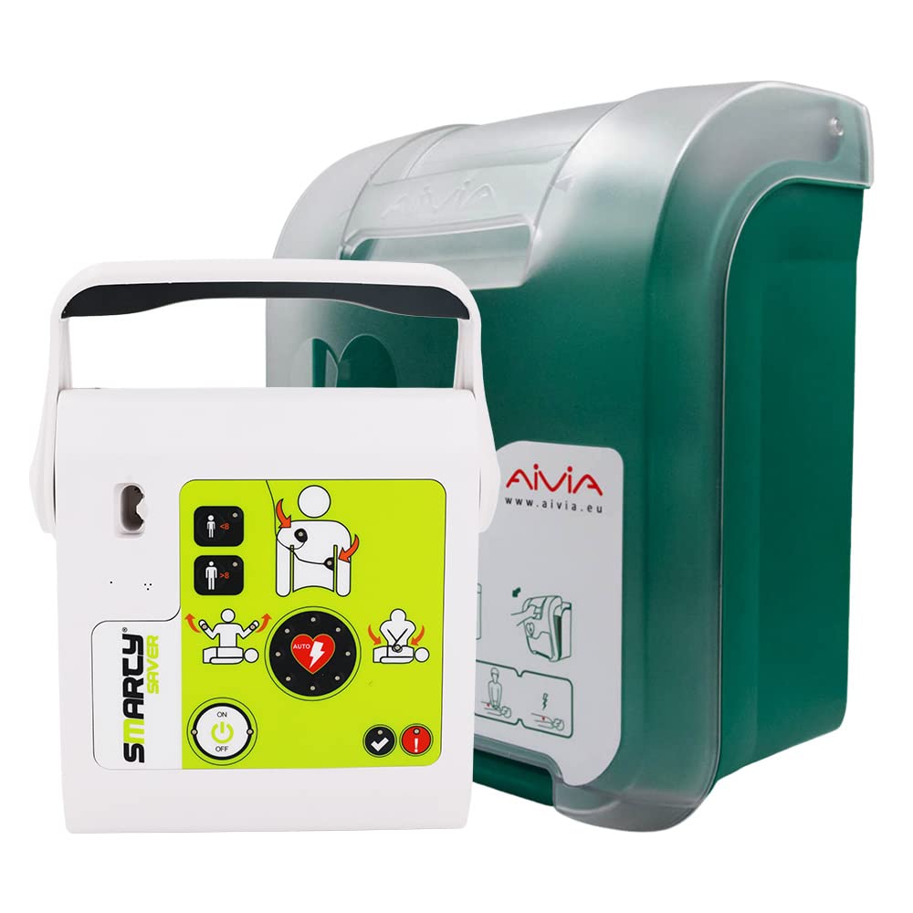 SET AED Defibrillator SMARTY SAVER, vollautom. Auslösung, Umschalter Erwachsene-Kinder, Kombi-Elektroden, ABS-Wandkasten und AED-Standortwinkel